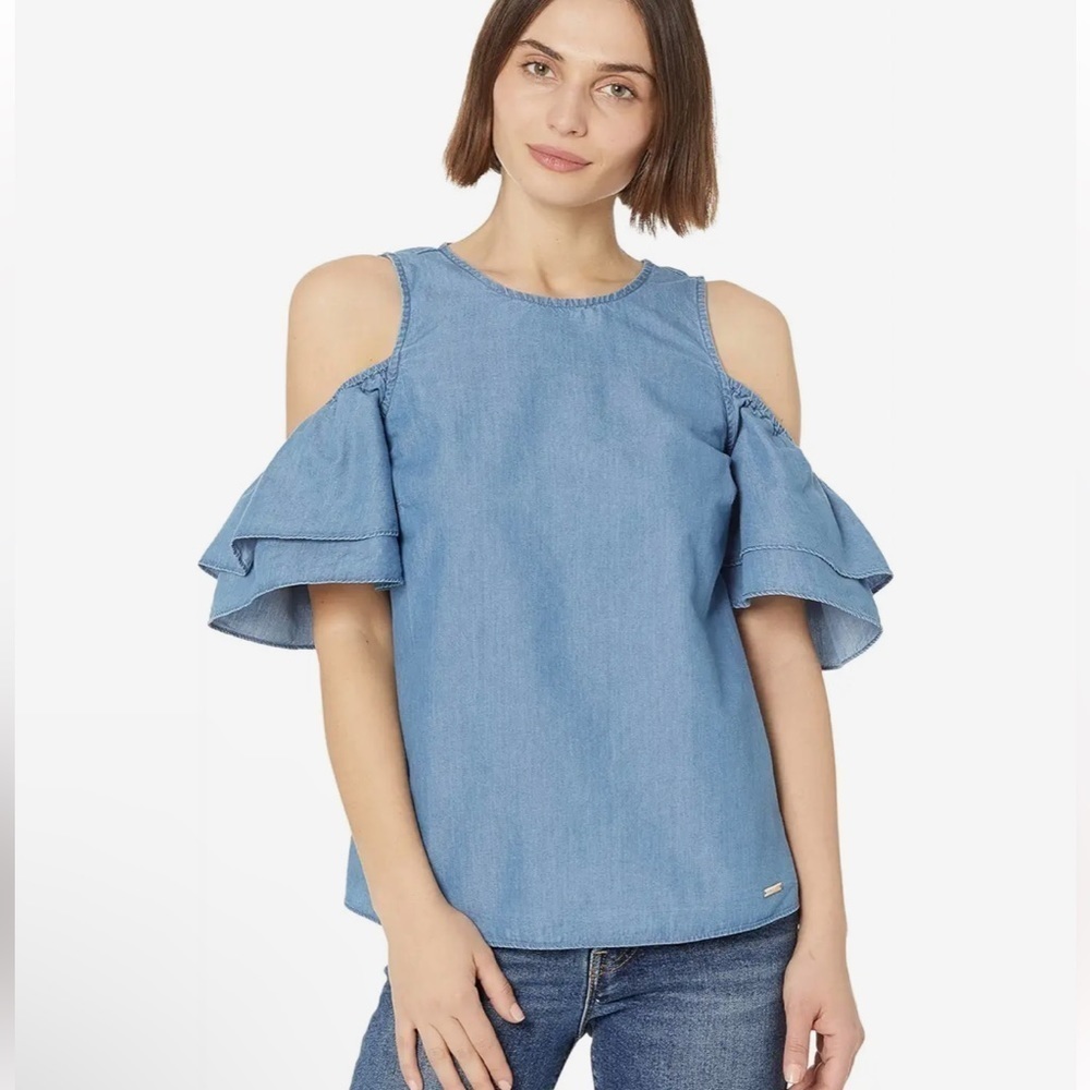 NWT Michael Michael Kors Tencel Cold-Shoulder Ruffle Top denim look M